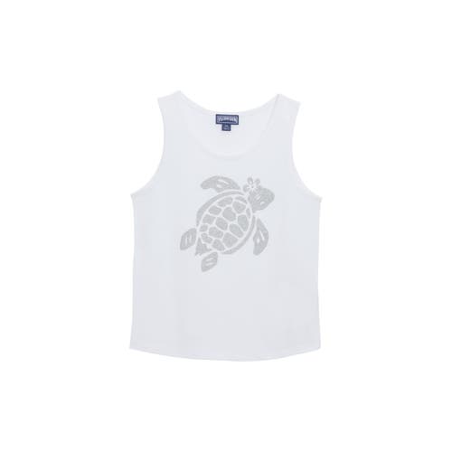 Vilebrequin Kids' Turtle Glitter Cotton Tank Top In Blanc