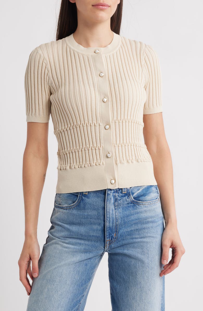 rag & bone Stacey Rib Short Sleeve Cotton Blend Cardigan, Main, color, Oatmeal
