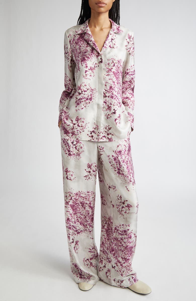 Lafayette 148 New York Scottie Spotted Glaze Print Silk Twill Button-Up Shirt, Alternate, color, Violet Ash Multi