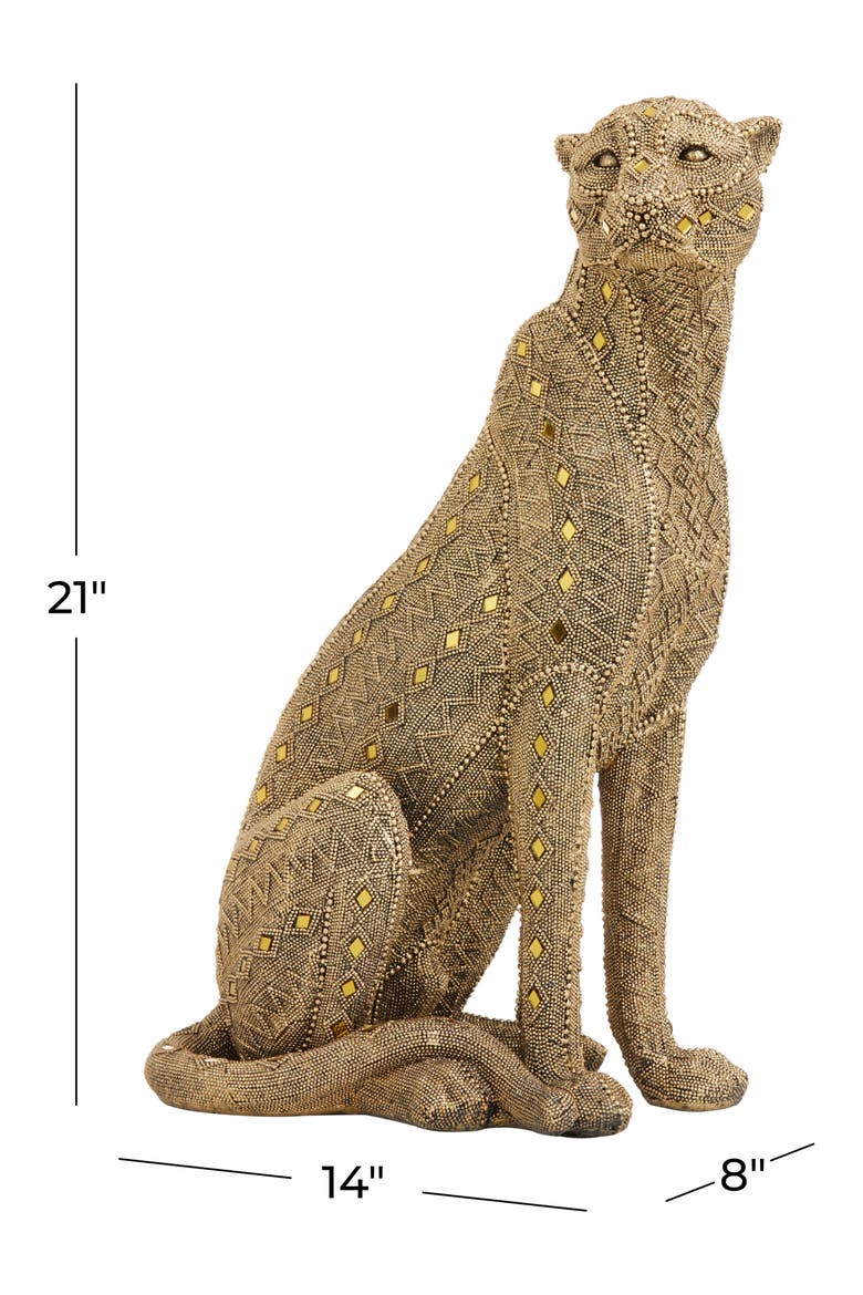 Goldtone Polystone Glam Leopard Sculpture with Diamond Shaped Mirrored Accent, Alternate, color, GOLD