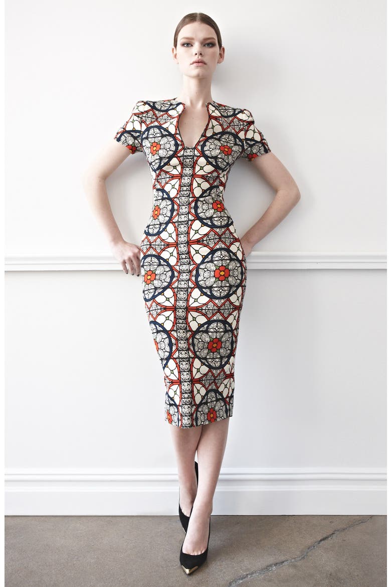 Alexander McQueen Stained Glass Print Wool Crepe Dress, Alternate, color, GOLD