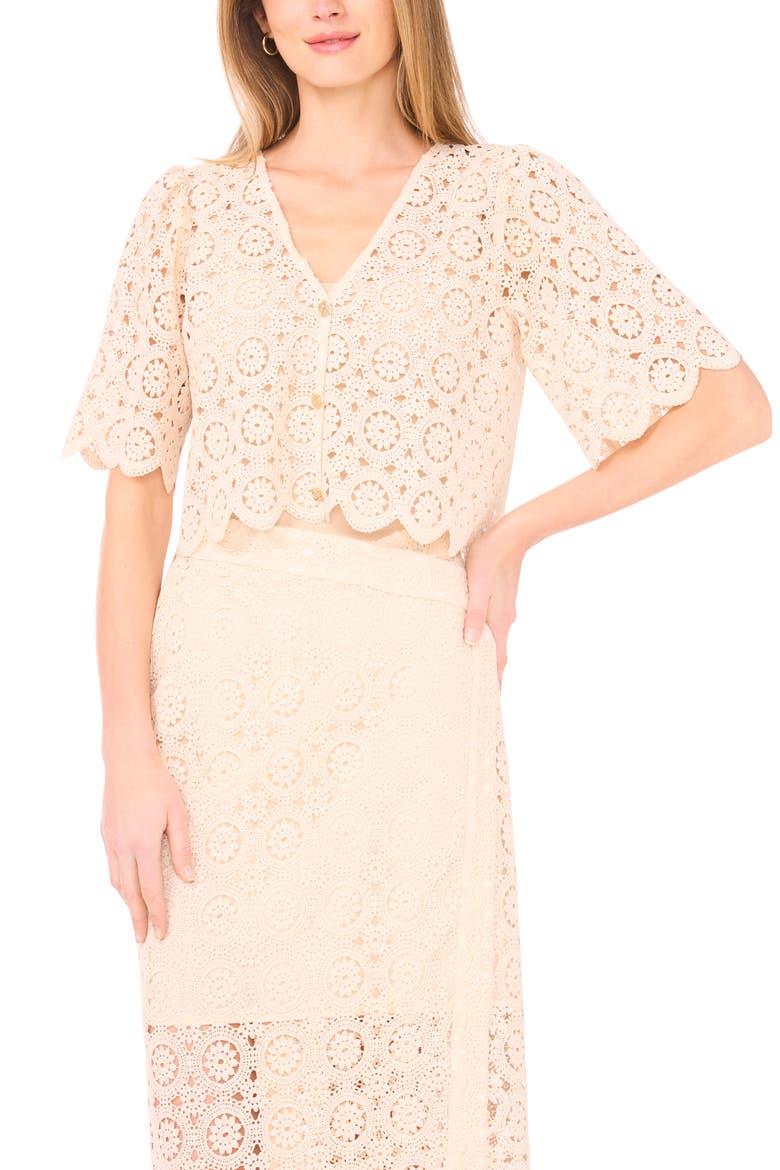 Eyelet Lace V-Neck Short Sleeve Top, Main, color, EGGNOG