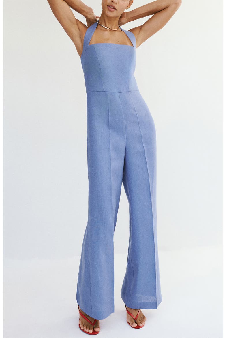 Solid Linen Halter Jumpsuit, Main, color, BLUE