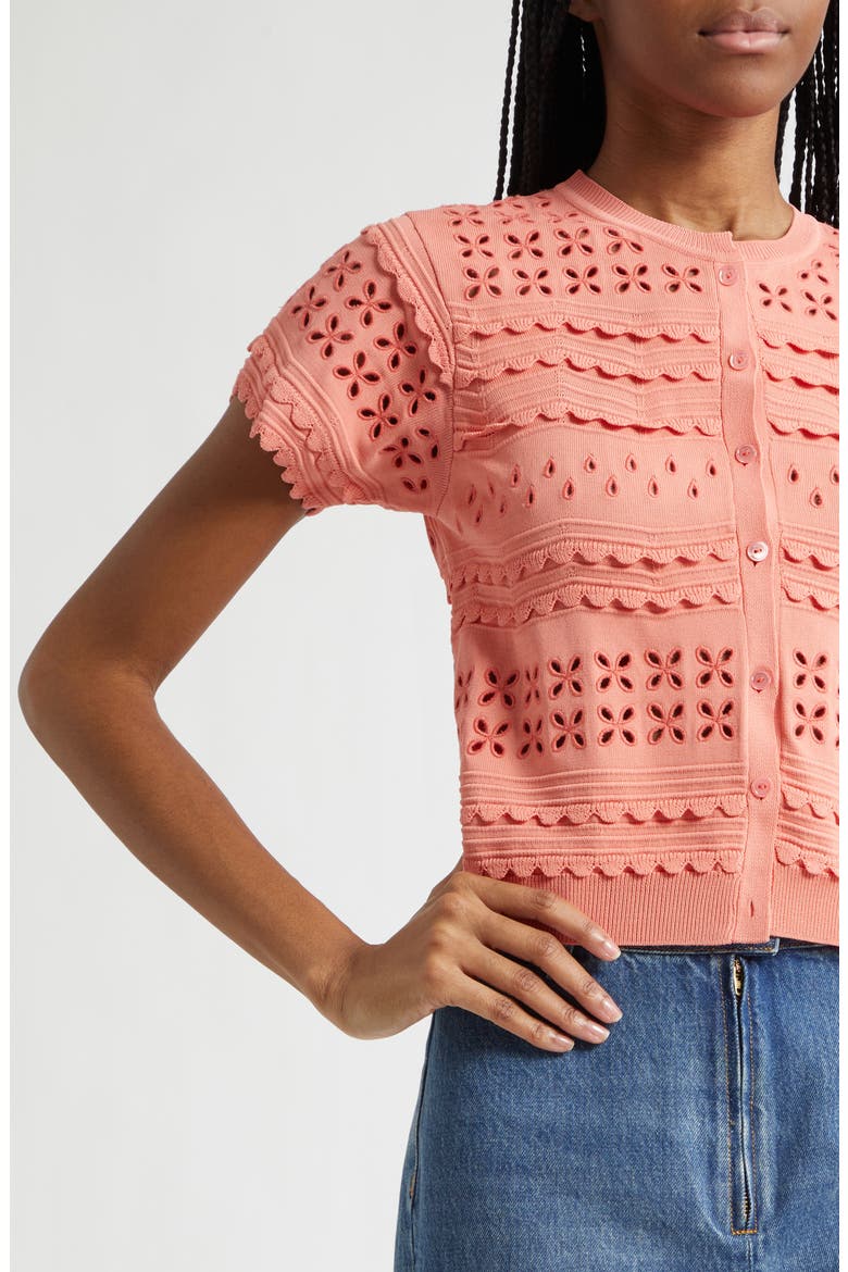 Abriana Eyelet Scallop Trim Cardigan, Alternate, color, CORAL PEONY