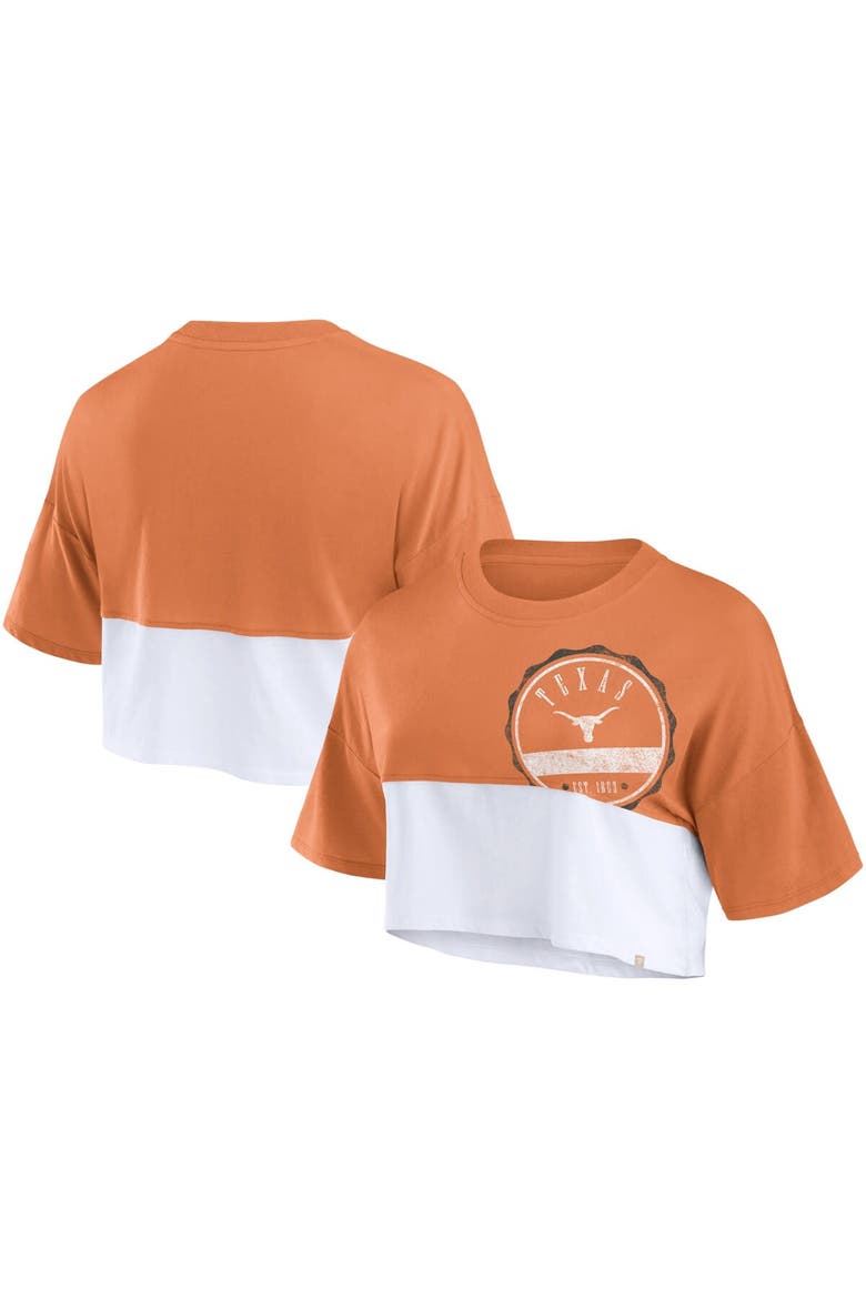 Women's Fanatics Branded Texas Orange/White Texas Longhorns Oversized Badge Colorblock Cropped T-Shirt, Main, color, Burnt Orange