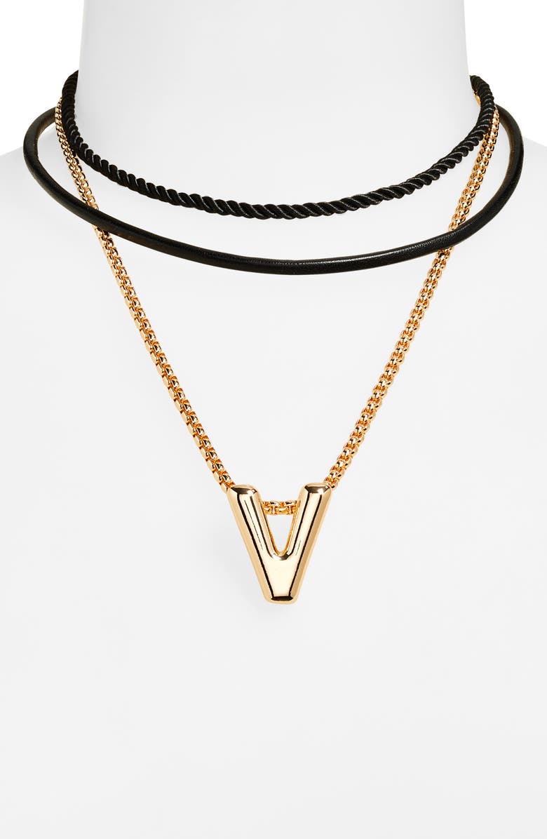 Open Edit Set of 3 Interchangeable Initial Pendant Necklaces, Alternate, color, V- Black- Gold