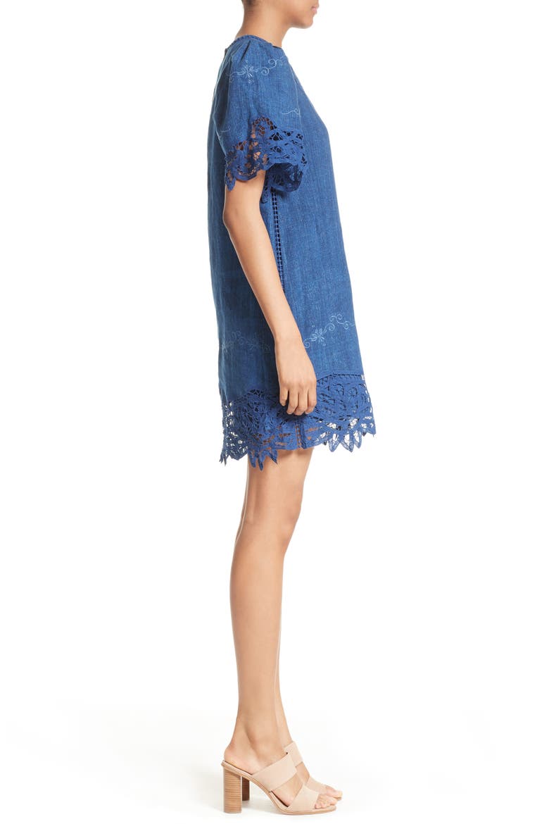 Sea Battenburg Lace Linen Shift Dress, Alternate, color, INDIGO