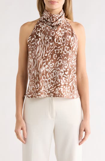 Renee C Animal Print Satin Halter Neck Top in Brown at Nordstrom Rack, Size Large