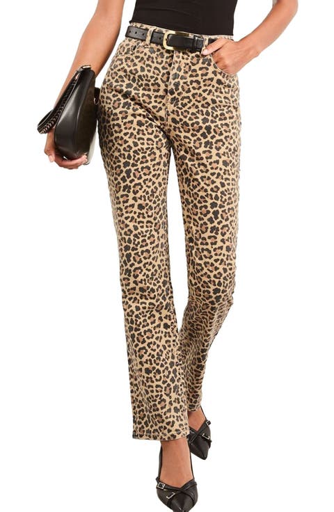 Leopard Print High Waist Straight Leg Jeans (Leopard)
