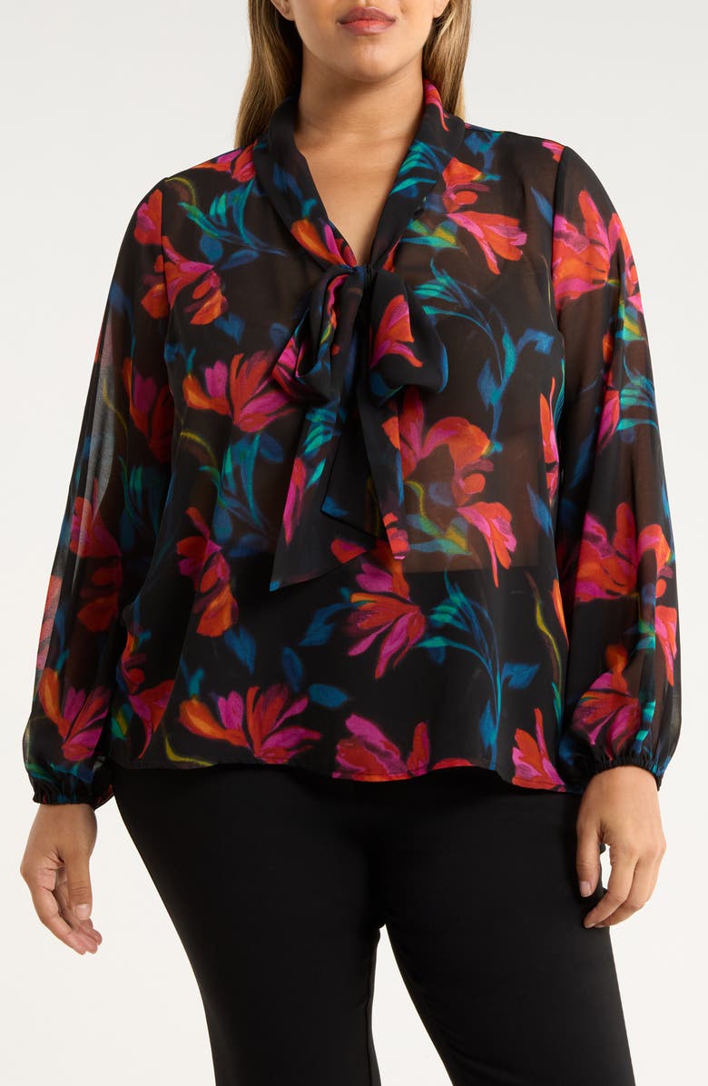 Tahari ASL Floral Bow Neck Chiffon Top, Main, color, Black Pink Floral