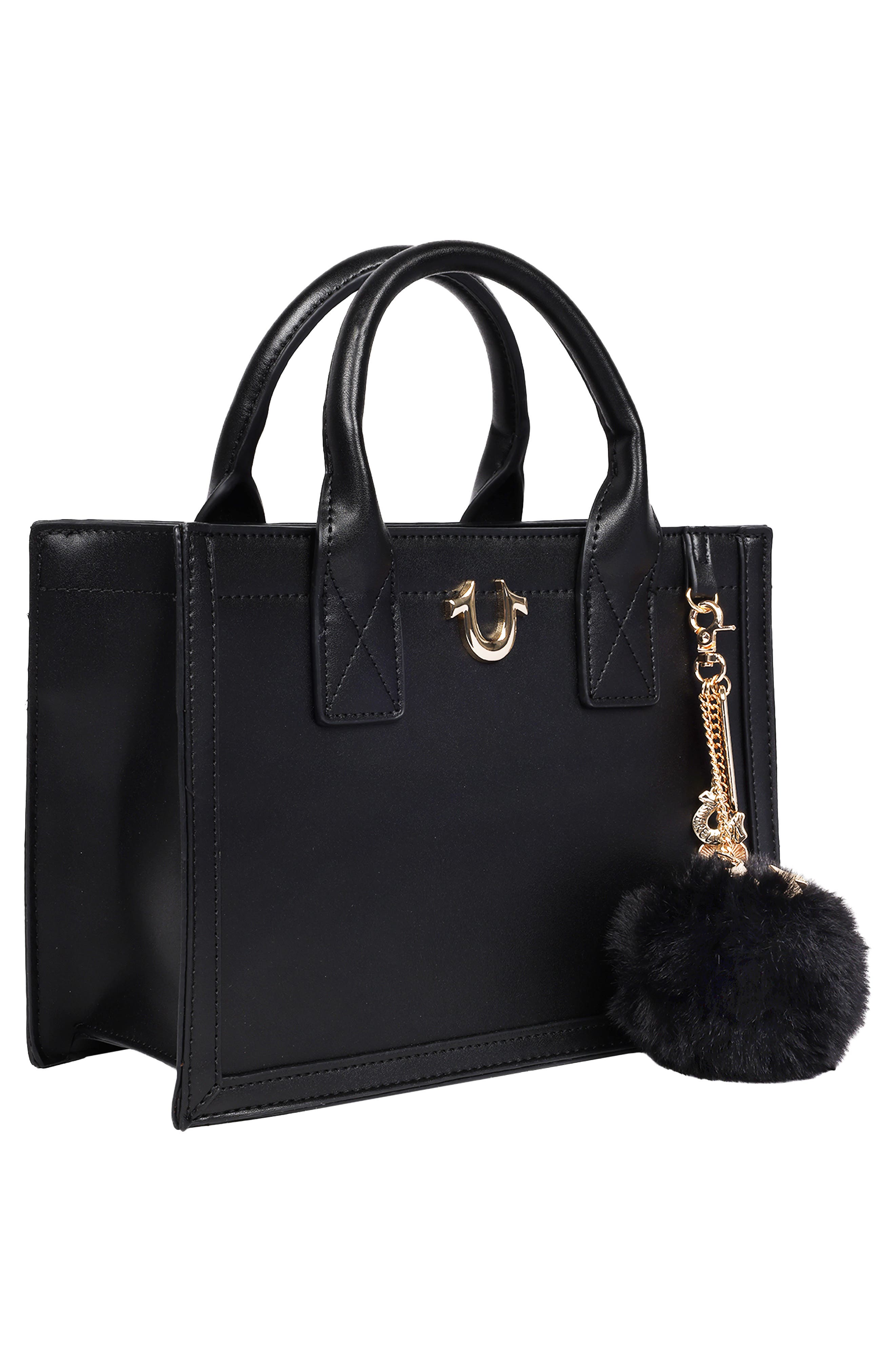 True Religion Pompom Keychain Horseshoe Tote Bag, Alternate, color, Black