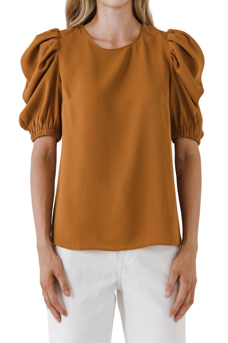 Puff Sleeve Top, Alternate, color, BROWN