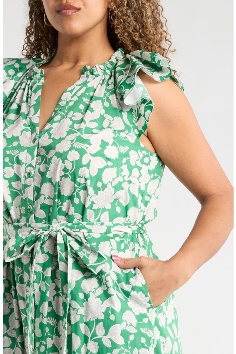Baxley Floral Flutter Sleeve Cotton Dress, Alternate, color, GREEN-GREY