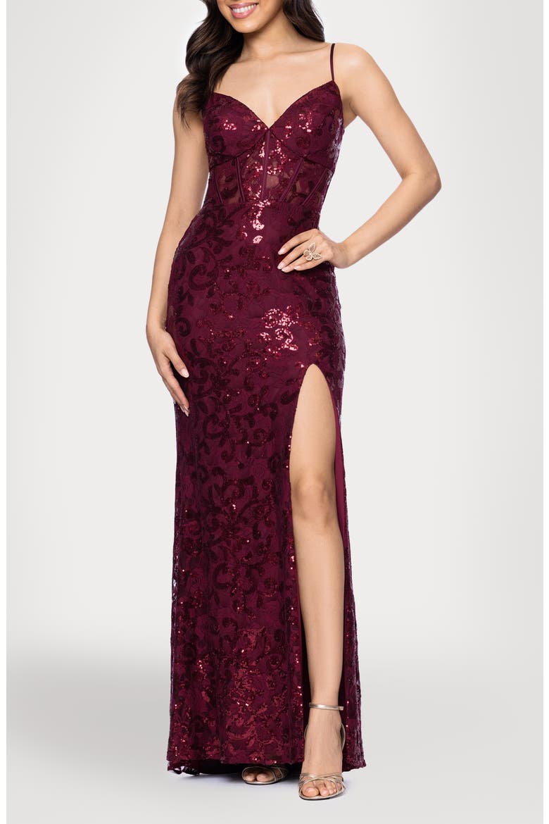 Sequin Tapestry Sheath Gown, Main, color, WINE