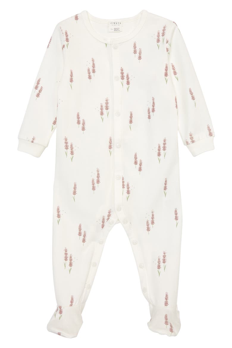 Lavender Print Fitted One-Piece Stretch Organic Cotton Pajamas, Main, color, 101 OFF WHITE