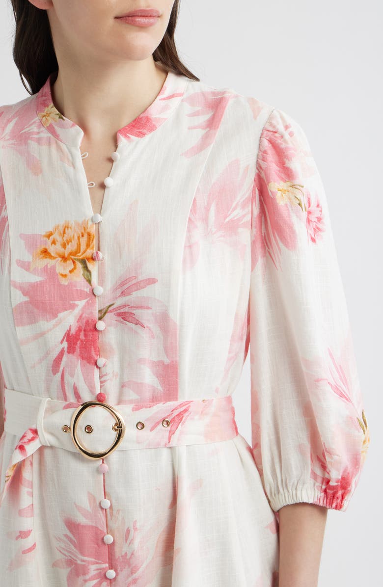 CeCe Floral Print Belted Dress, Alternate, color, Lucent White