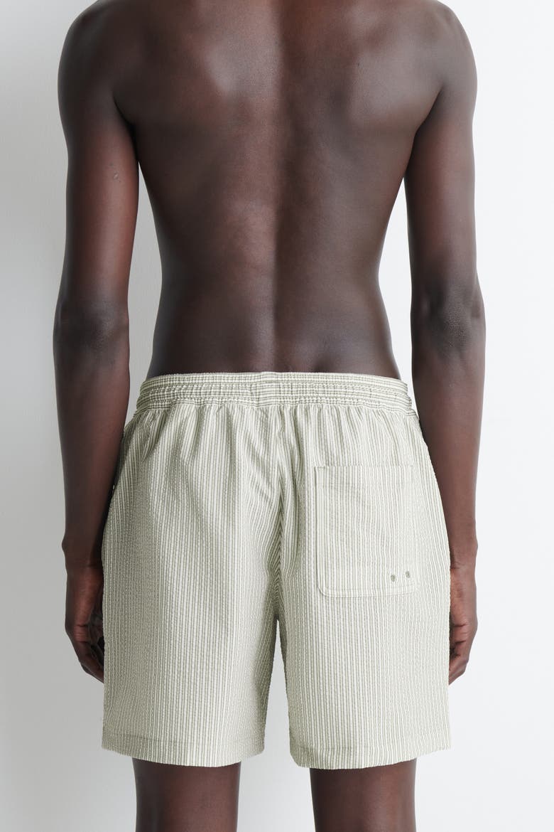 Striped Seersucker Drawstring Swim Trunks, Alternate, color, KHAKI / STRIPED