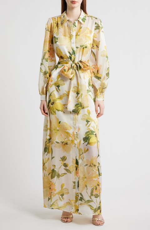 Floral Long Sleeve Tie Belt Organza Cocktail Shirtdress