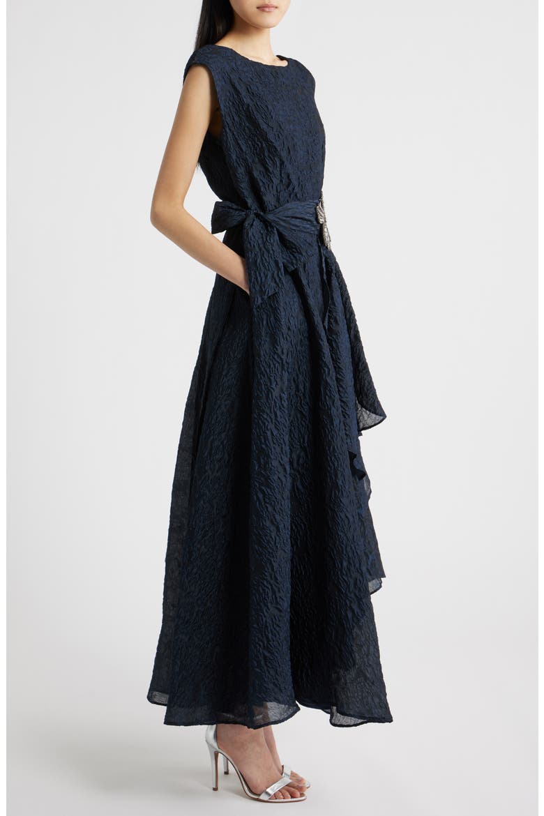 Beaded Flower Crinkled Taffeta Dress, Alternate, color, NAVY