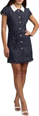 Mac Duggal Boucle Cap Sleeve Mini Dress With Flower Details