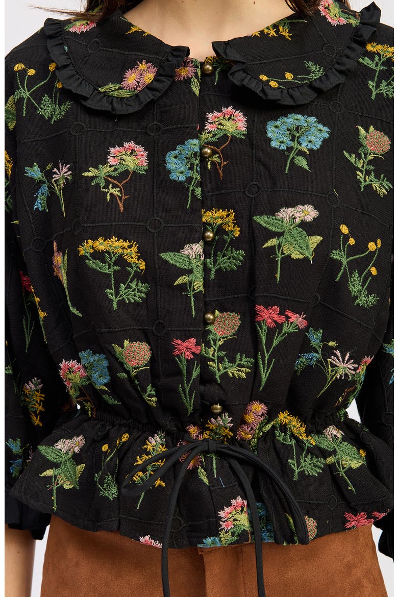 Lia Embroidered Ruffle Peplum Button-Up Shirt, Alternate, color, BLACK MULTI