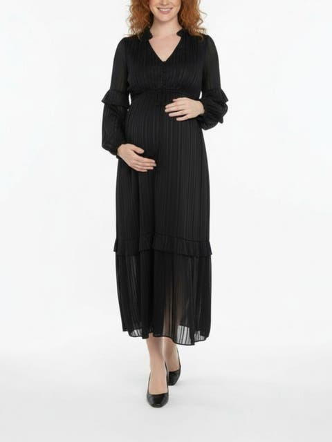 V-Neck Long Sleeve Tiered Maxi Dress