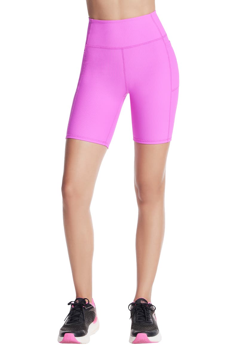 GOFLEX Ribbed High Waist Pocket Bike Shorts, Main, color, NEON PINK