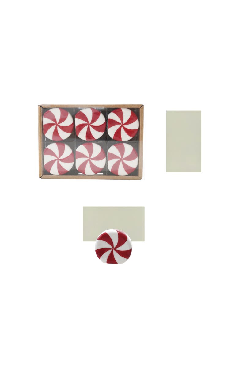 Storied Home 6-Piece Stoneware Peppermint Candy Shaped Place Card/Photo Holders with Paper Cards, Red and White, Main, color, Red