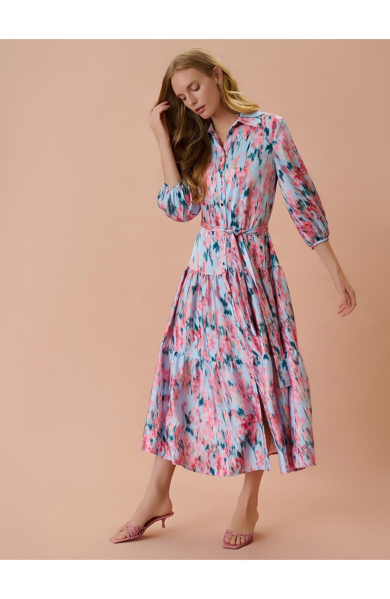 Misook Printed Floral Crepe de Chine Tiered Maxi Dress, Alternate, color, Pink/Blue/Biscotti/Black