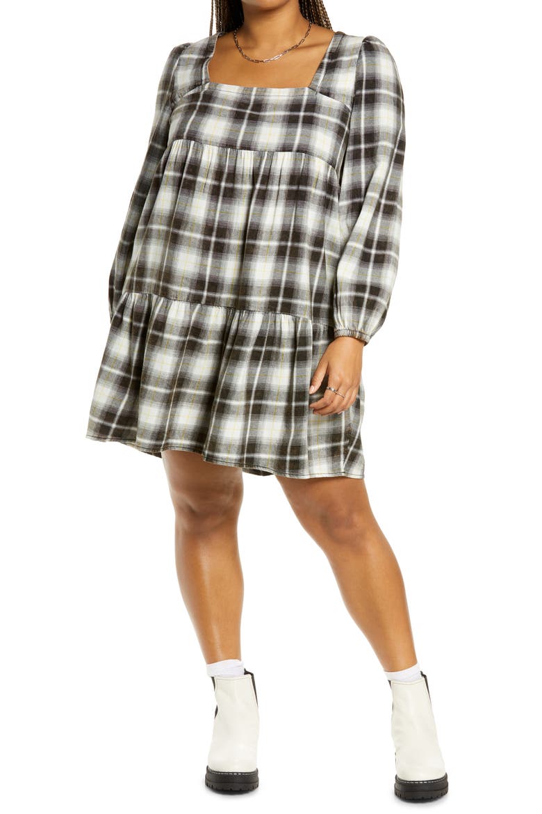 Plaid Long Sleeve Minidress, Main, color, IVORY- BLACK MARLEY PLAID