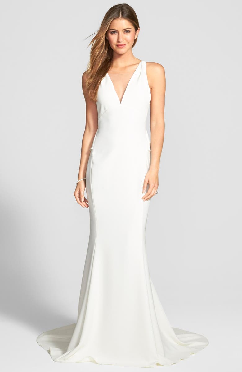 Amsale Back Detail Flared Silk Crepe Gown, Alternate, color, 