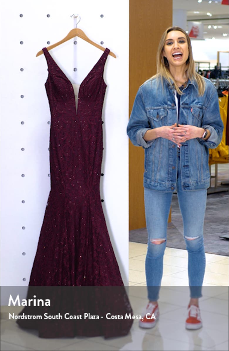 Plunge Neck Sparkle Lace Mermaid Gown, sales video thumbnail