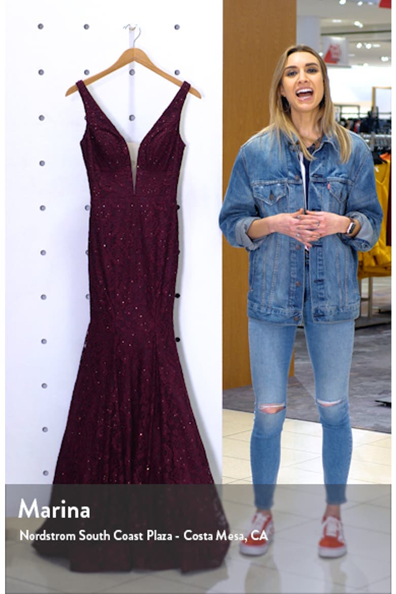 Plunge Neck Sparkle Lace Mermaid Gown video