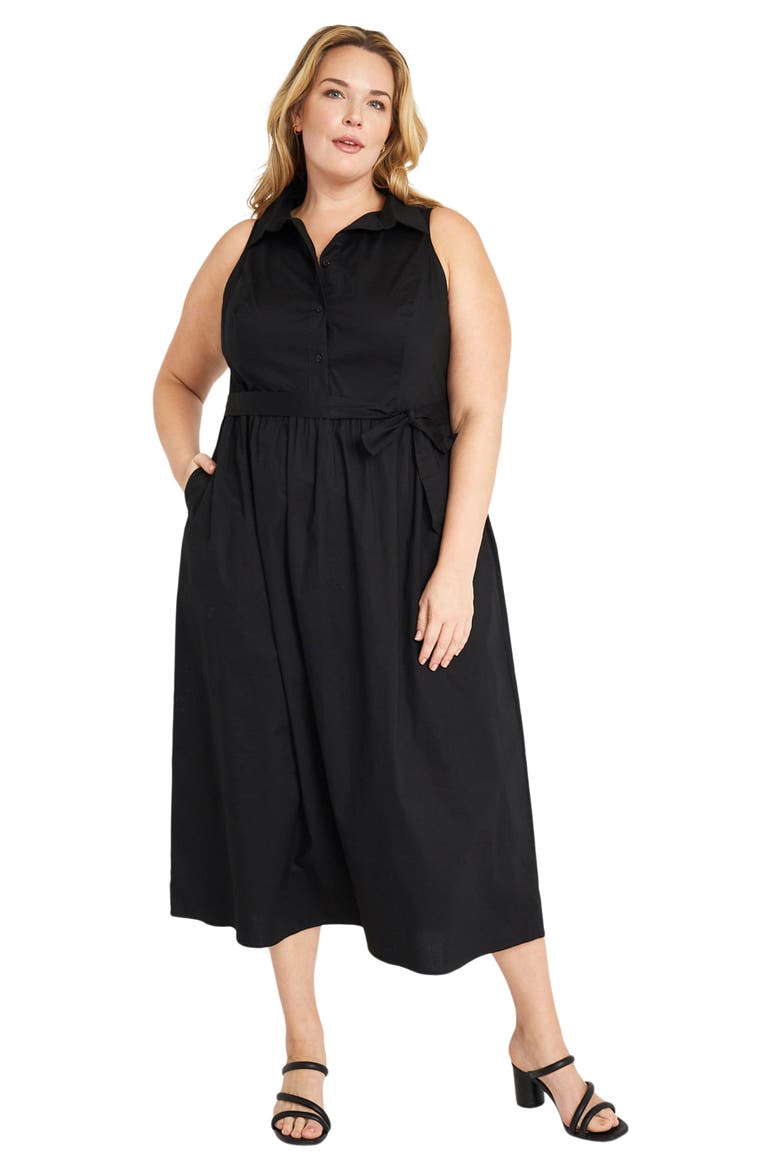 Tie Waist Sleeveless Stretch Poplin Shirtdress, Alternate, color, BLACK