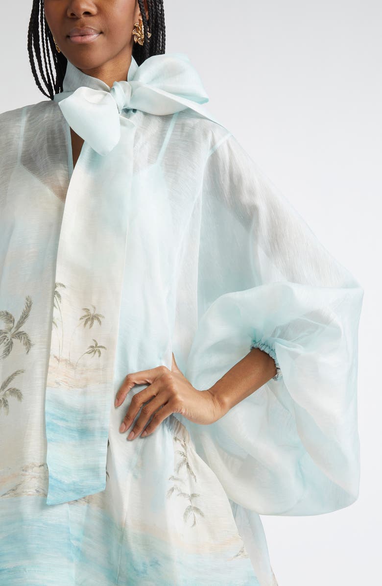 Seascape Print Long Sleeve Organza Minidress