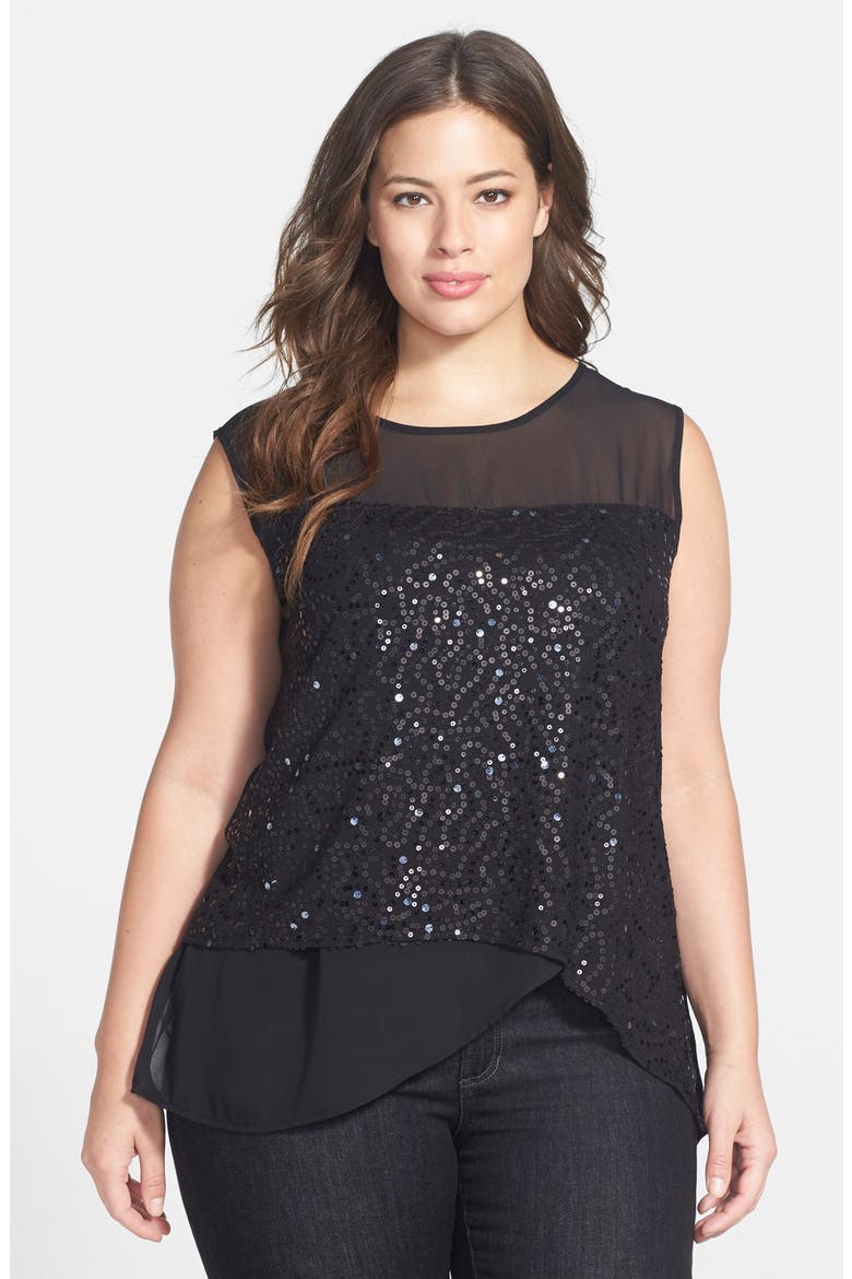 Tiered Sequin Front Sleeveless Top, Main, color, BLACK