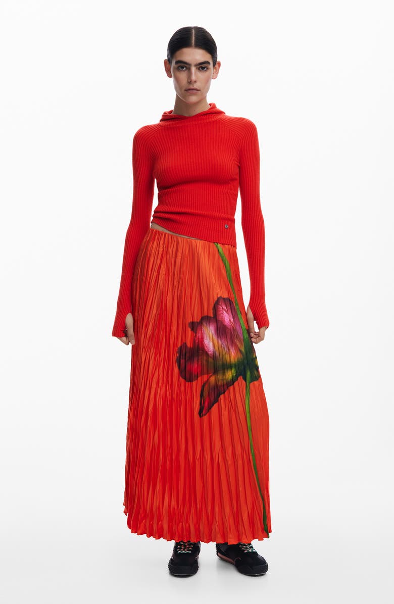 Desigual Floral Pleated Satin Maxi Skirt, Alternate, color, Coral