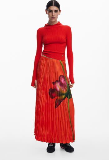 Floral Pleated Satin Maxi Skirt