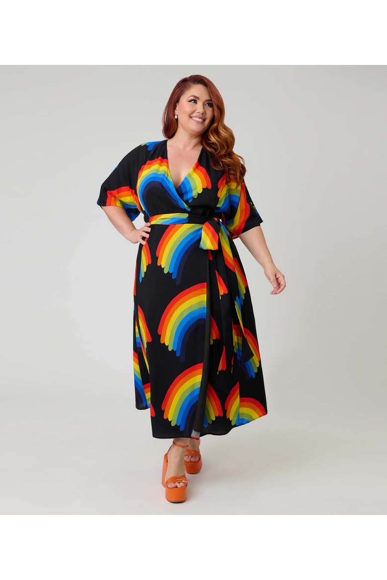 Plus Size Tie Wrap Surplice Midi Dress, Main, color, Black w/ Rainbow Print