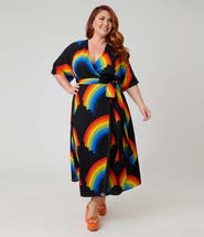 Unique Vintage Plus Size Tie Wrap Surplice Midi Dress