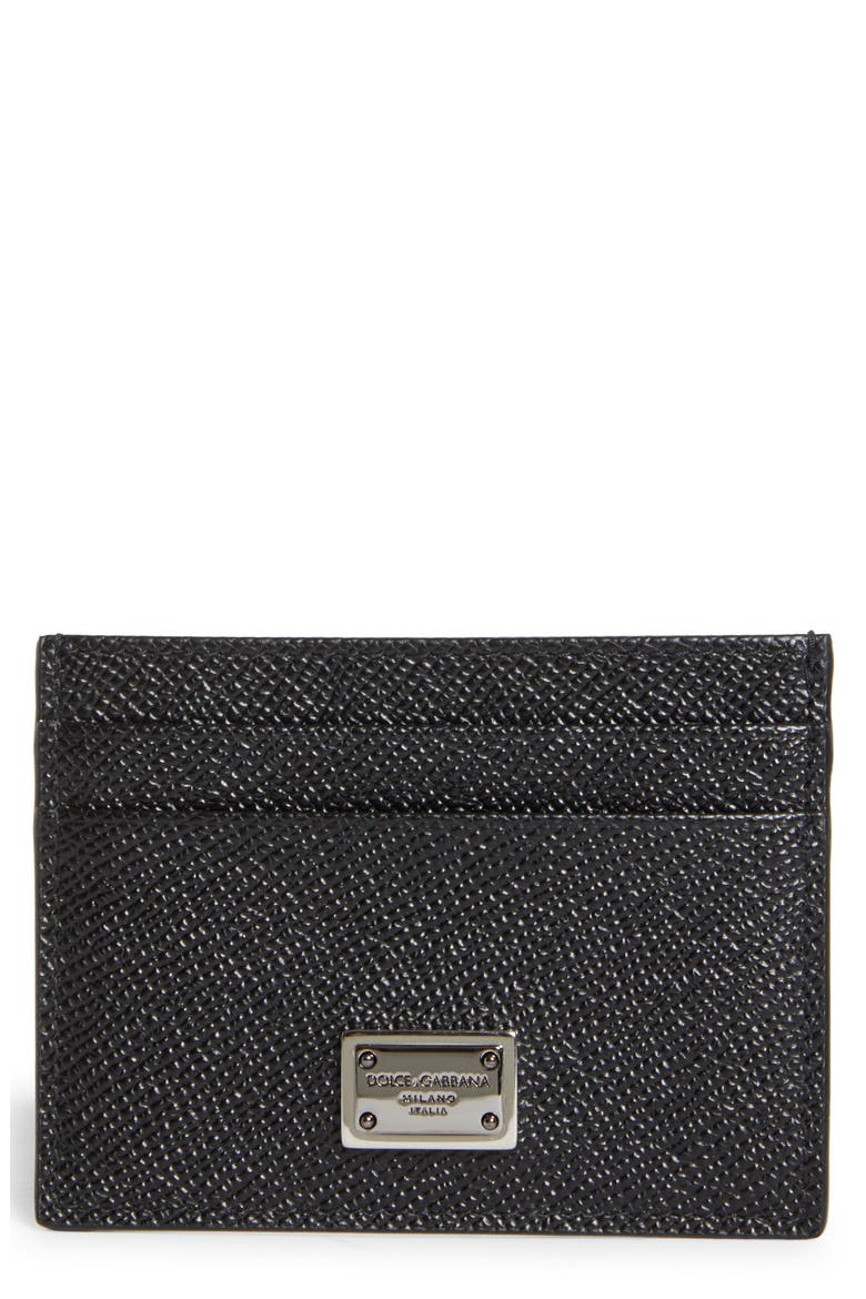 Logo Plaque Leather Card Case, Main, color, BLACK
