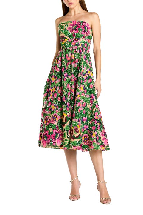 Strapless Floral Embroidered Midi Dress