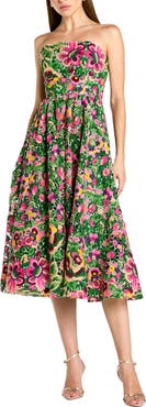 Mac Duggal Strapless Floral Embroidered Midi Dress
