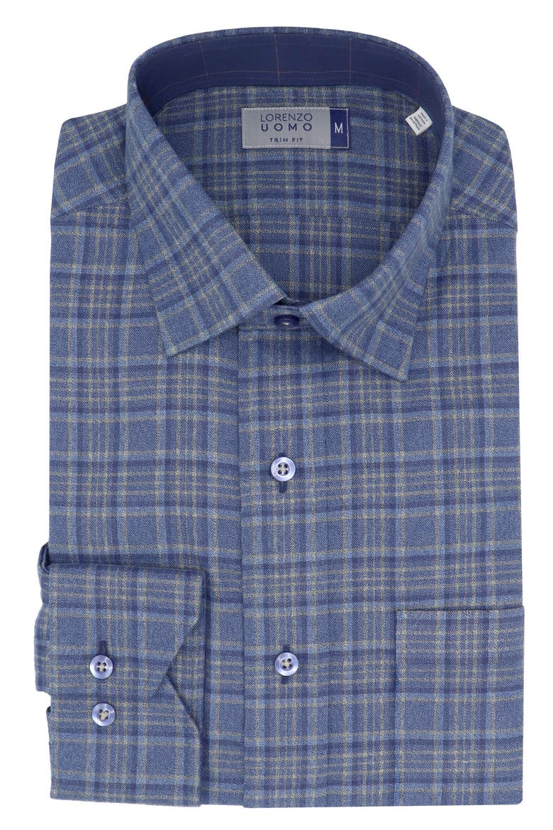 Trim Fit Flannel Cotton Dress Shirt, Alternate, color, DENIM/ NAVY/ YELLOW