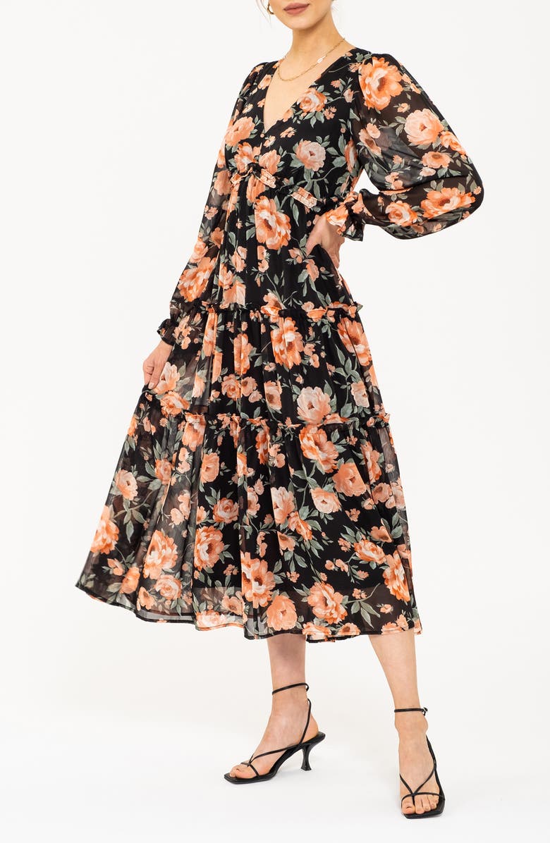 AUGUST SKY Floral Long Sleeve Empire Waist Midi Dress, Alternate, color,