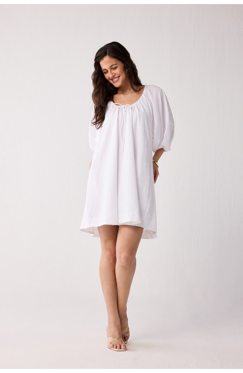 Reistor Puff Sleeved Dress with Drawstring Neckline, Alternate, color, White