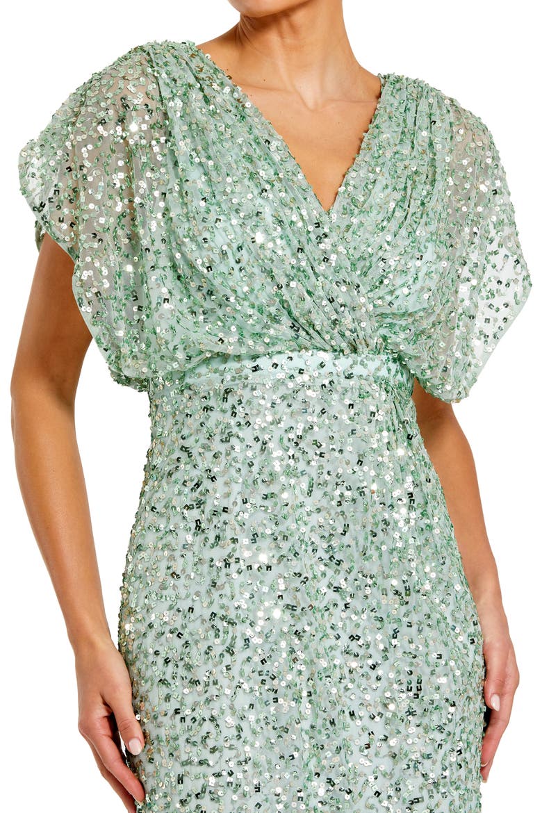 Draped Sleeve Sequin V-Neck Gown, Alternate, color, Seafoam