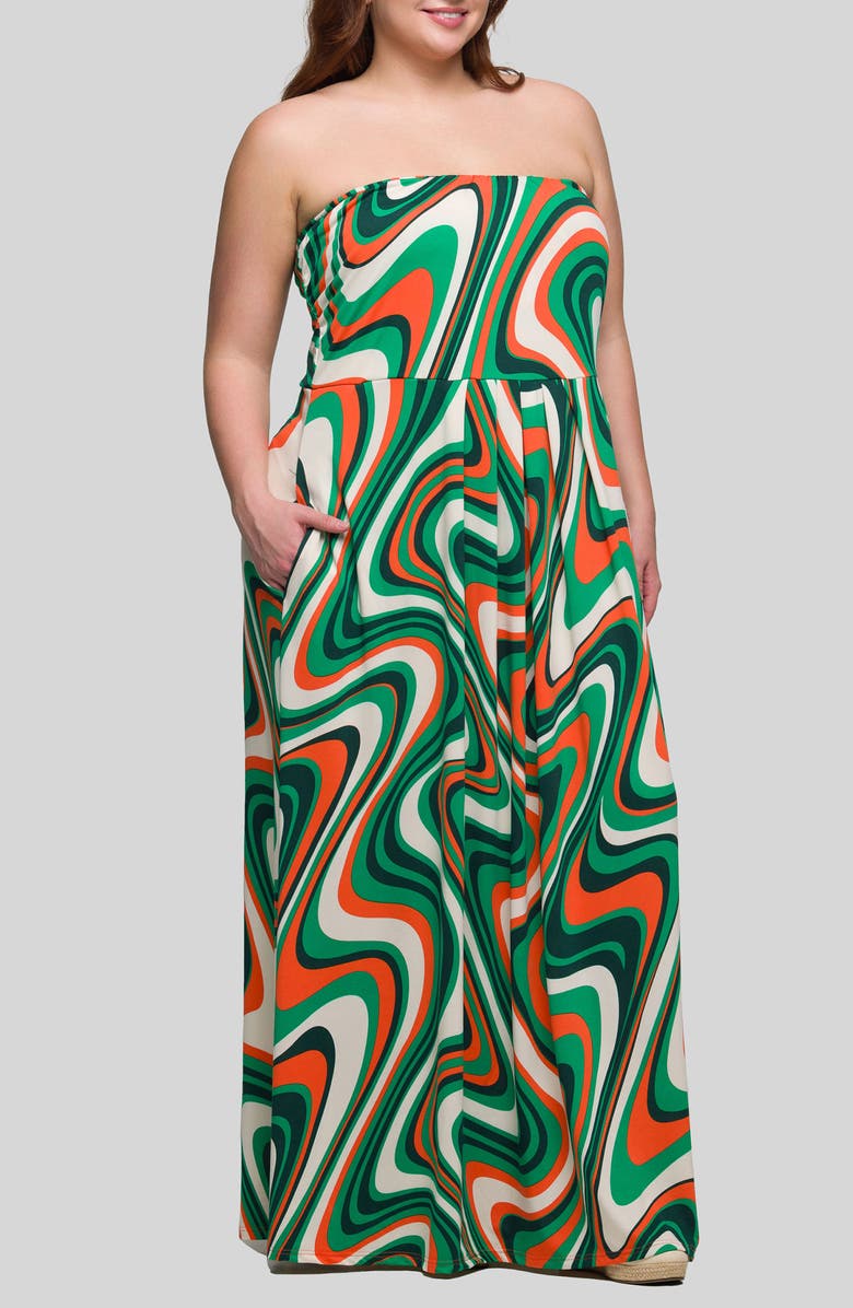 24seven Comfort Apparel Print Strapless Maxi Dress, Alternate, color, Green Multi