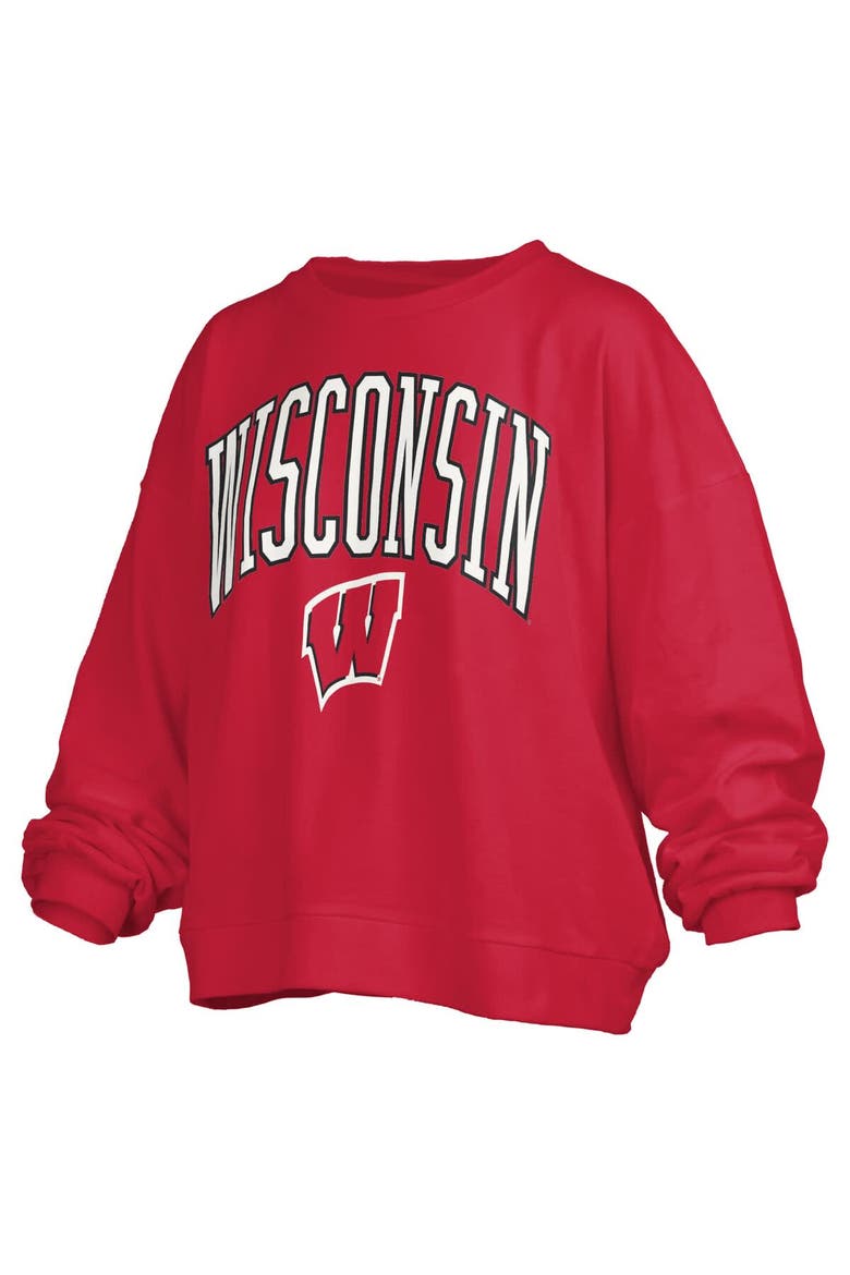 Women's Pressbox Red Wisconsin Badgers Janise Arch Over Logo Waist Length Oversized Pullover Sweatshirt, Alternate, color, Red