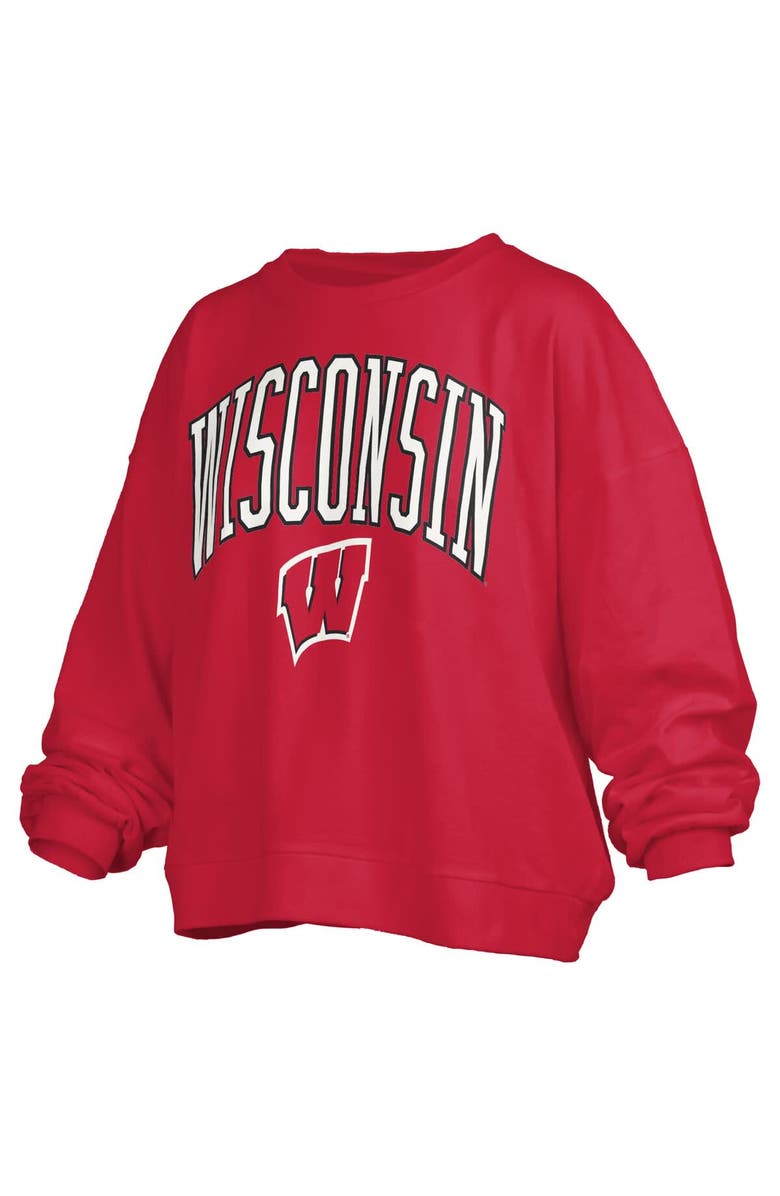 PRESSBOX Women's Pressbox Red Wisconsin Badgers Janise Arch Over Logo Waist Length Oversized Pullover Sweatshirt, Alternate, color, Red